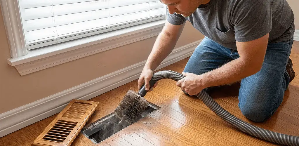 Air duct cleaning technician vacuuming a floor vent and duct opening in Columbus, GA