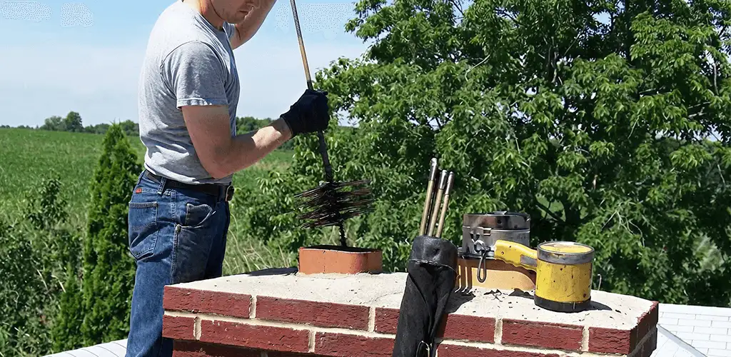 Chimney cleaning technician working on a rooftop chimney with professional tools in Columbus, GA