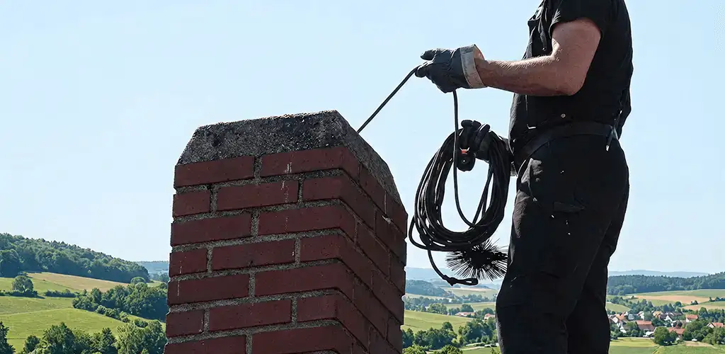 Chimney sweep inspecting and cleaning a rooftop chimney in Columbus, GA