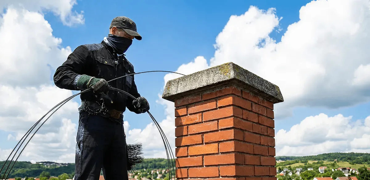 Chimney sweep cleaning a brick chimney with professional tools in Columbus, GA