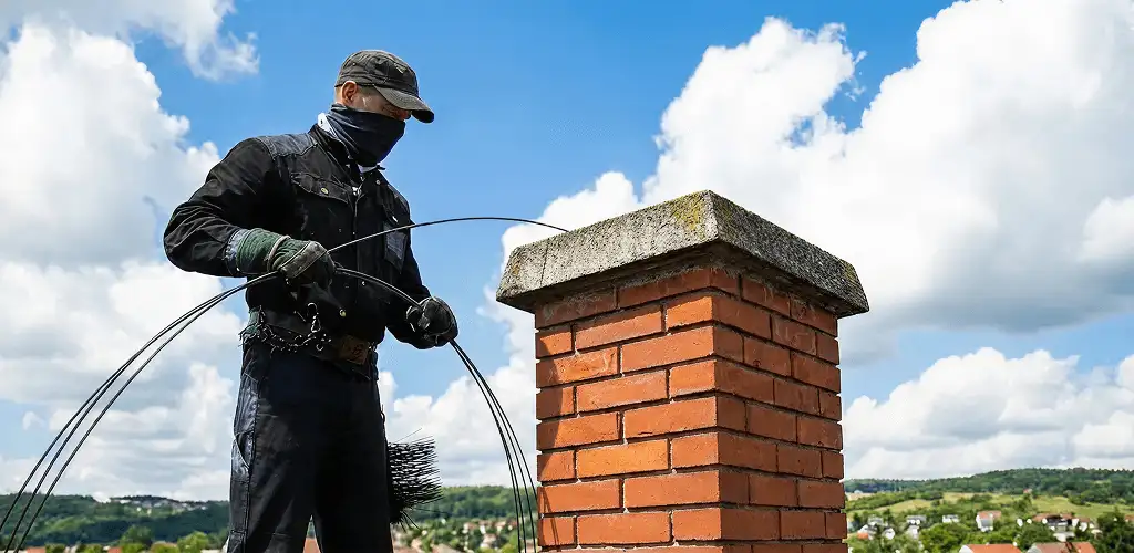 Chimney sweep cleaning a brick chimney with professional tools in Columbus, GA