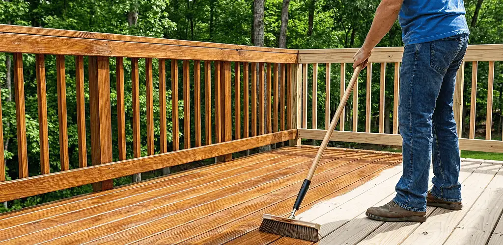 Deck staining and sealing application on a wood deck in Columbus, GA