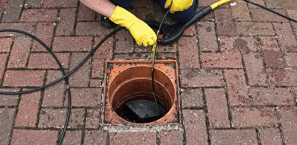 Drain cleaning technician using a drain snake to clear a clogged drain in Columbus, GA