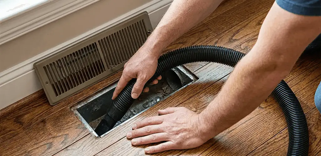Air duct cleaning technician vacuuming a floor register and duct opening in Columbus, GA