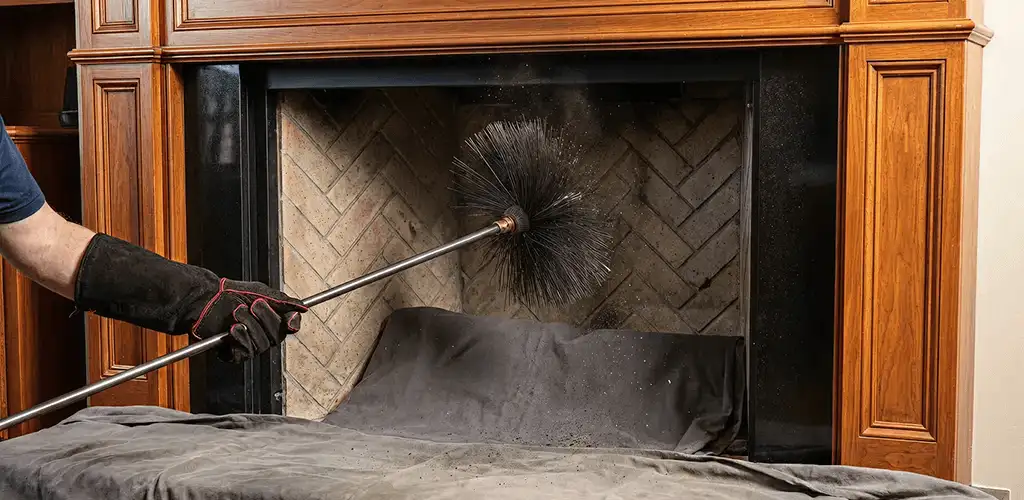 Chimney cleaning service brushing soot from a fireplace and flue in Columbus, GA
