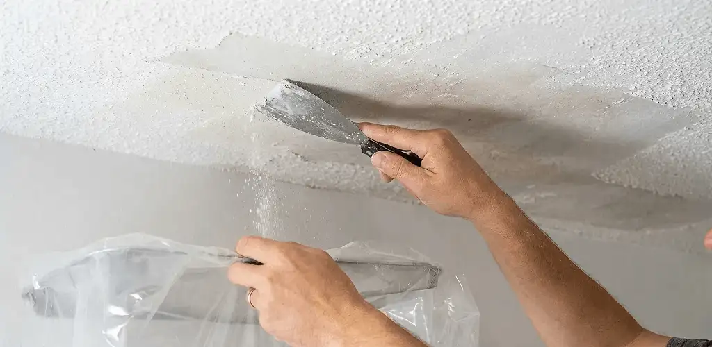 Popcorn ceiling removal technician scraping texture from a ceiling in Columbus, GA