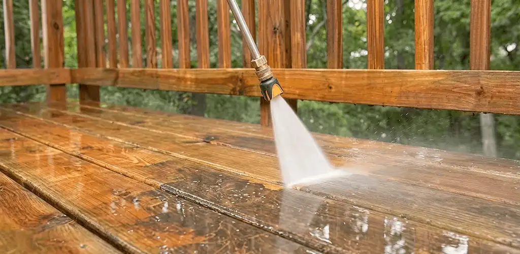Pressure washing a wood deck to remove dirt and buildup in Columbus, GA