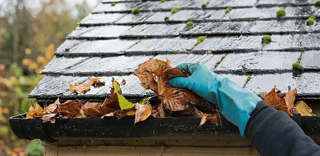 Gutter cleaning technician clearing wet leaves from roof gutters in Columbus, GA