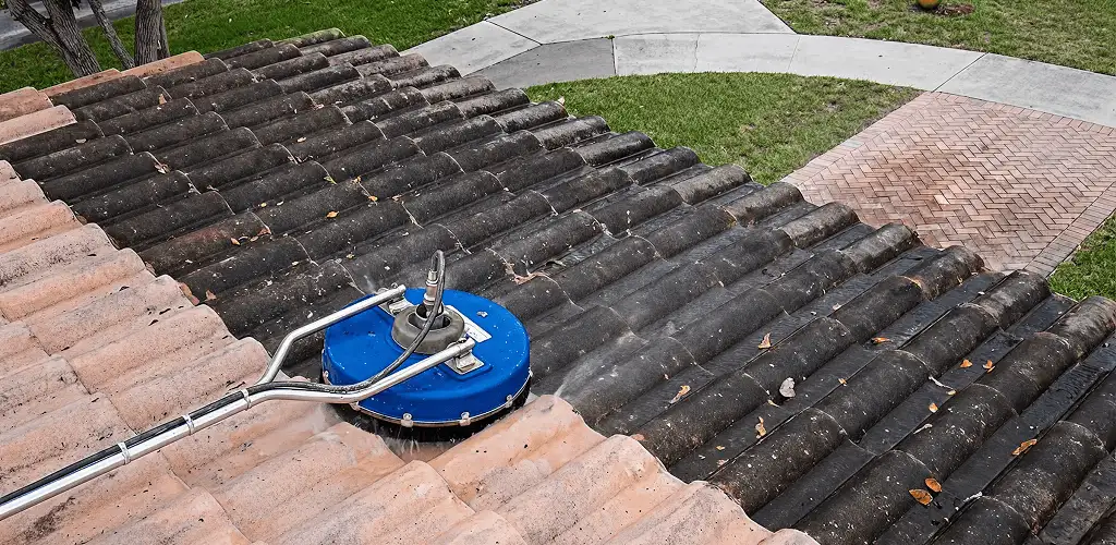 Roof pressure cleaning removing debris and buildup from roof tiles in Columbus, GA