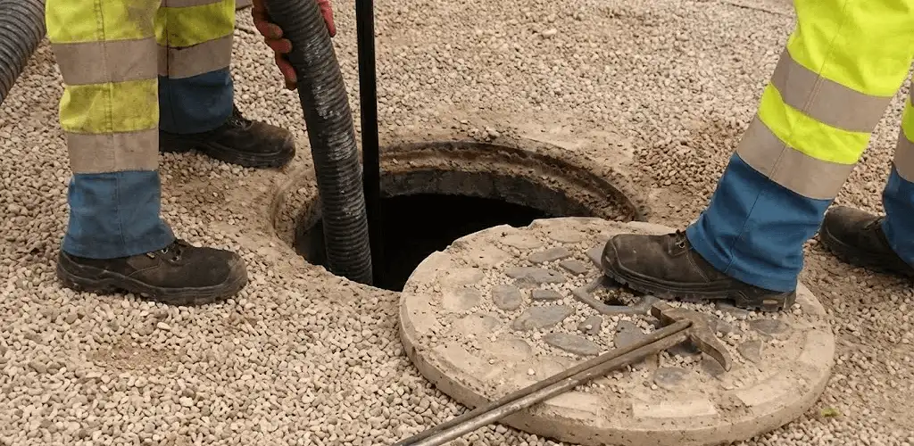 Drain cleaning crew clearing a sewer access point with professional equipment in Columbus, GA