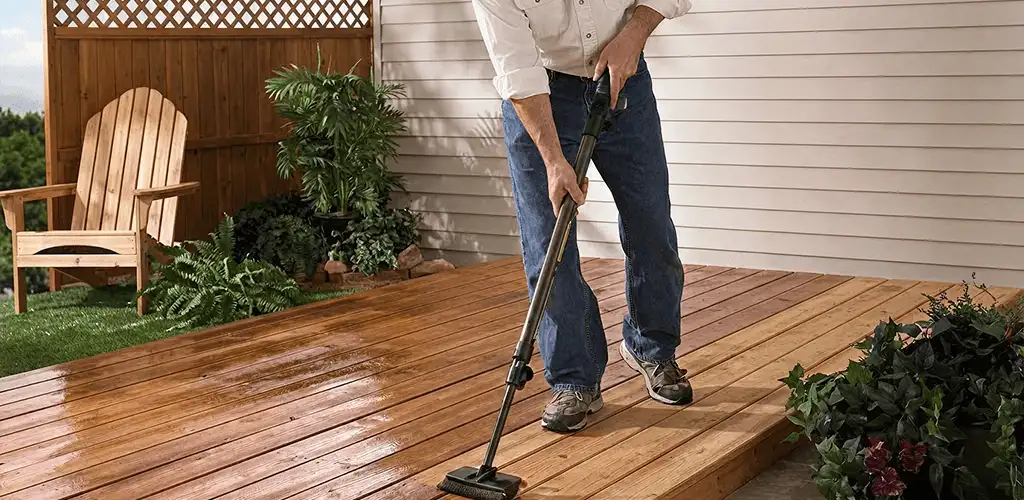 Deck staining service applying stain to a backyard wood deck in Columbus, GA